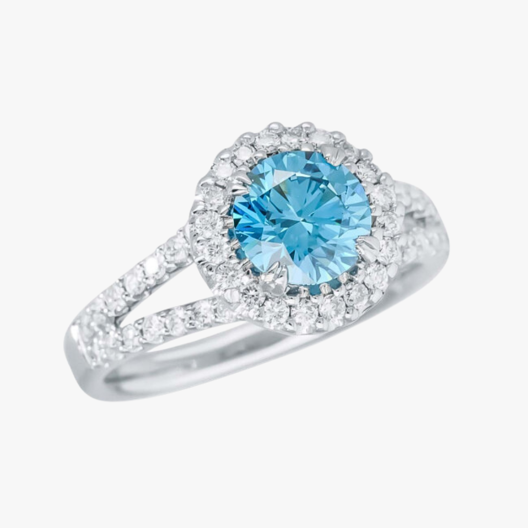 Diamond ring 14kt white gold with 1.35ct blue lab-grown diamond