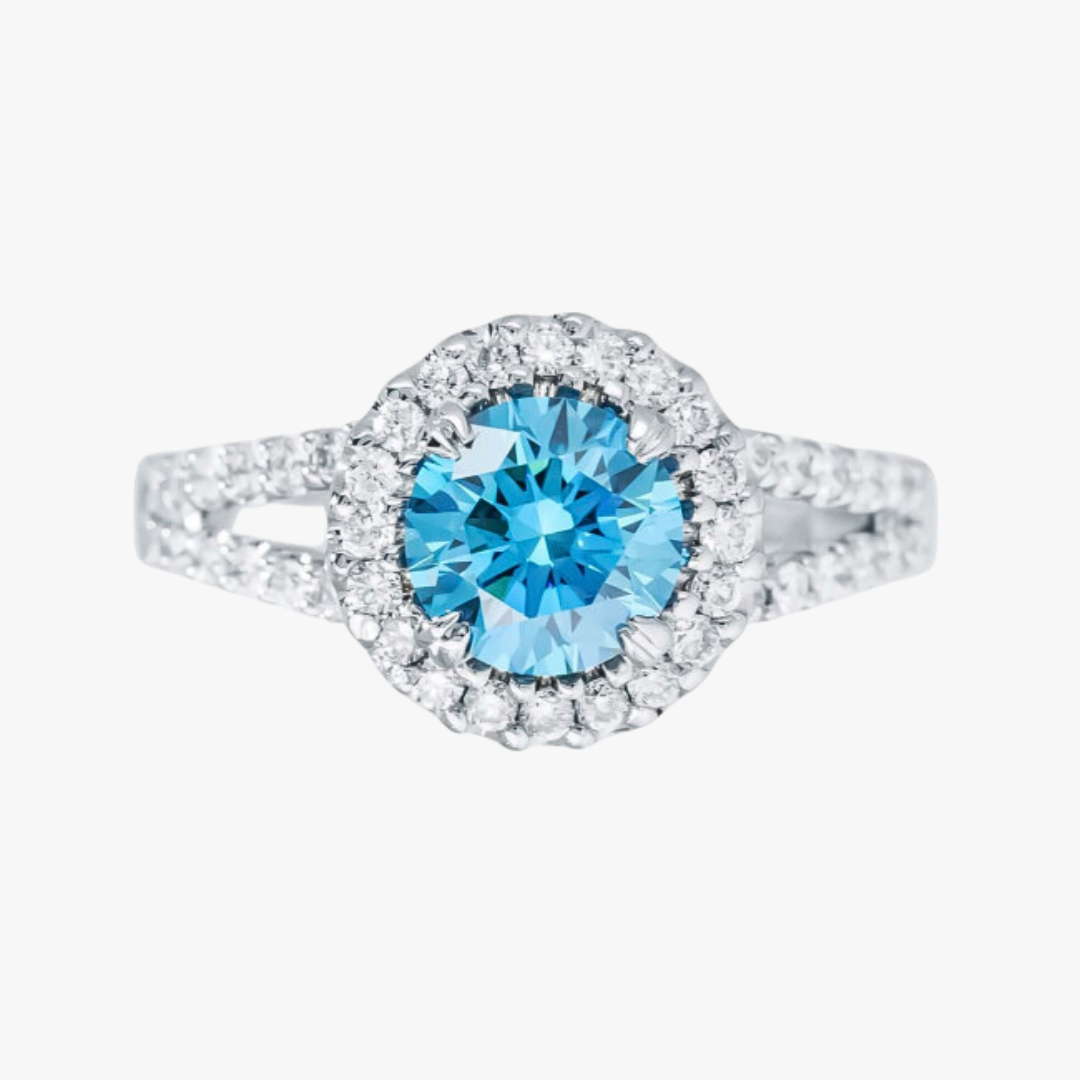 Diamond ring 14kt white gold with 1.35ct blue lab-grown diamond