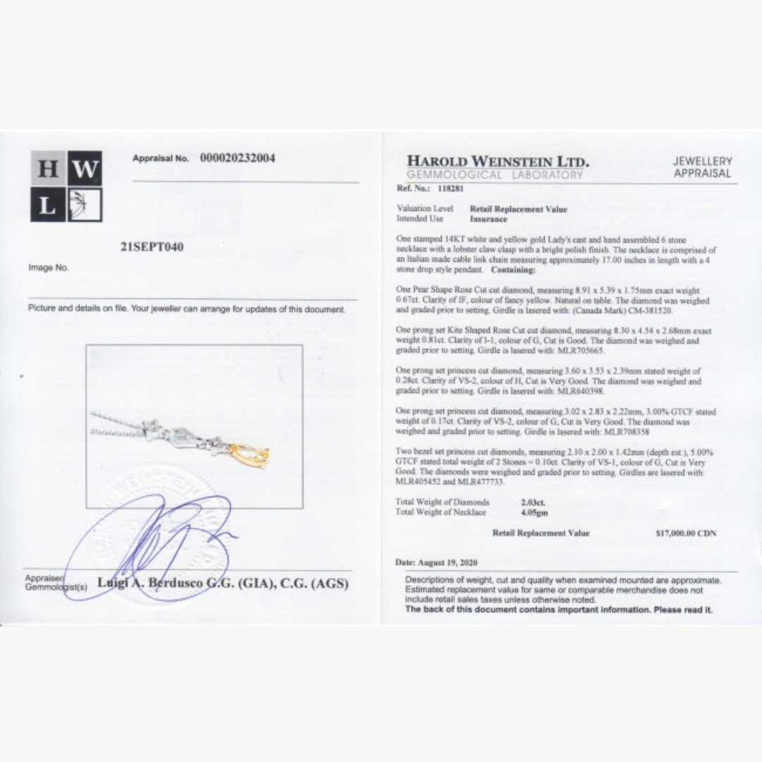 Halskette mit gelben Farb Diamanten Zertifikat