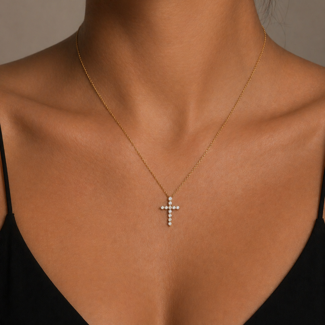 Diamant Kreuz Halskette in Gelbgold