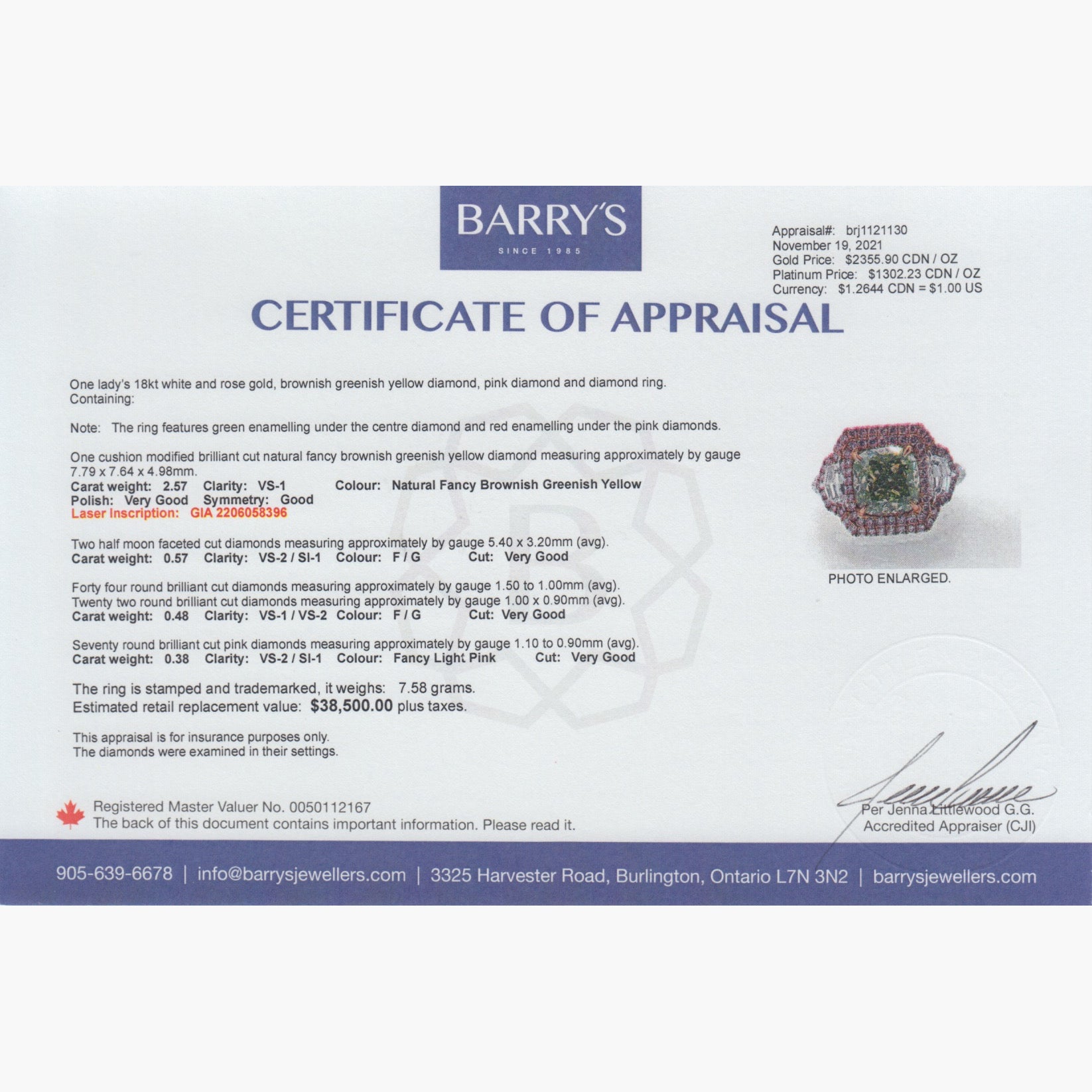 Natürliche Farb Diamanten von Barry´s - Grüner Diamant Ring Zertifikat