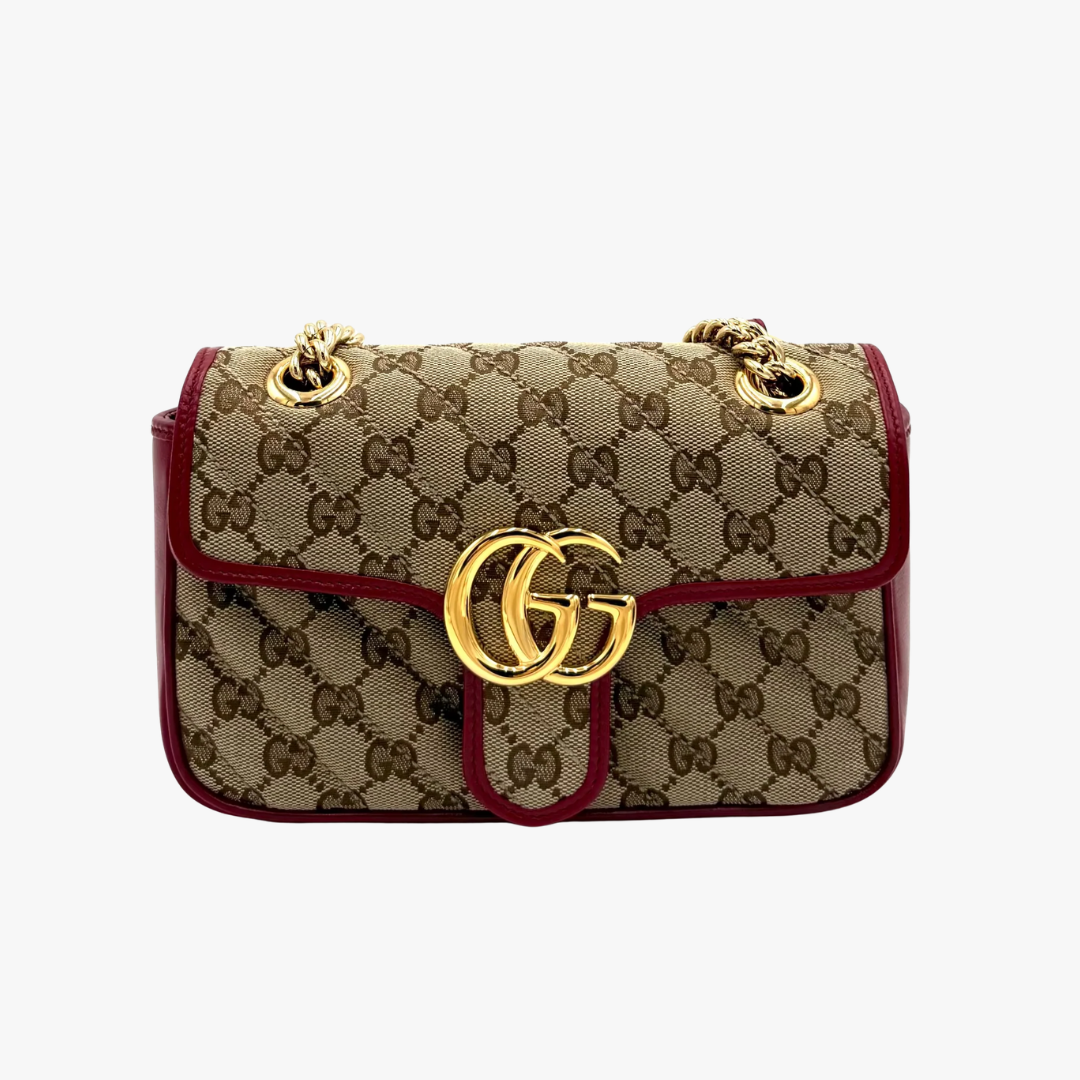 Gucci Marmont Mini Tasche GG Monogram Canvas mit dunkelroten Lederdetails