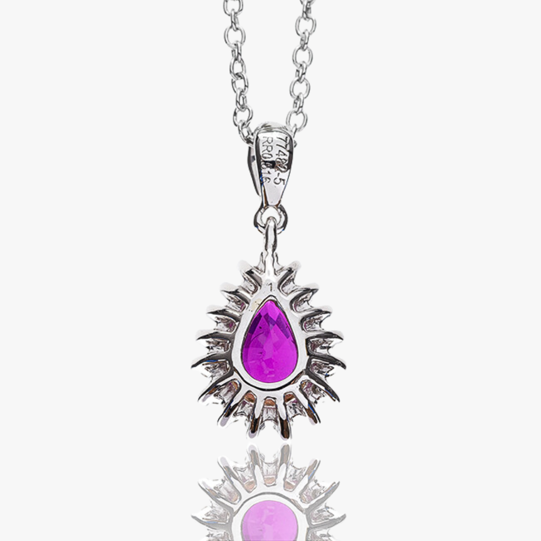 Necklace 14kt white gold with ruby ​​and diamond pendant