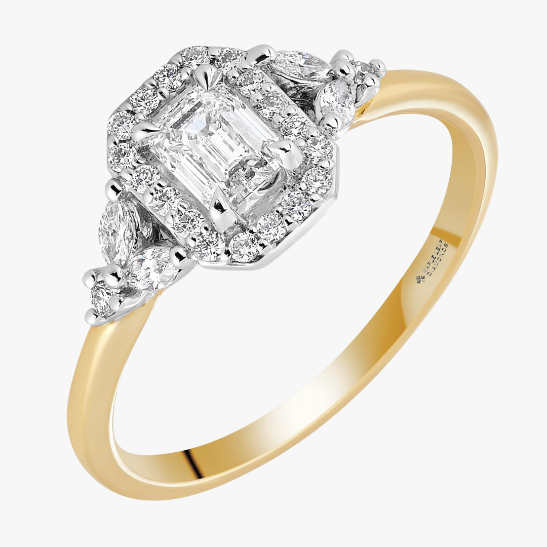 18kt Geblgold Verlobungsring mit Smaragdschliff