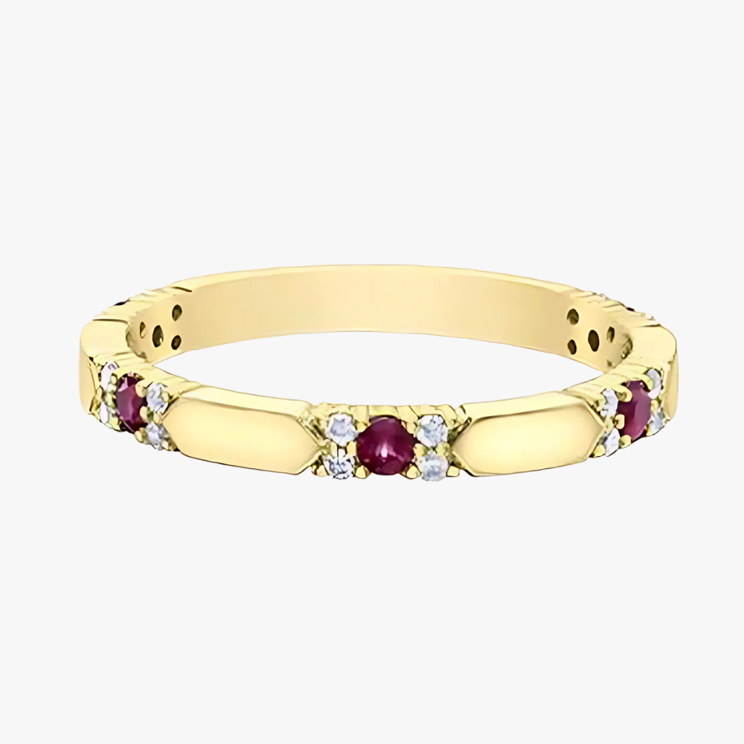 Weddingband mit rotem Sapphire und Diamanten in Gelbgold