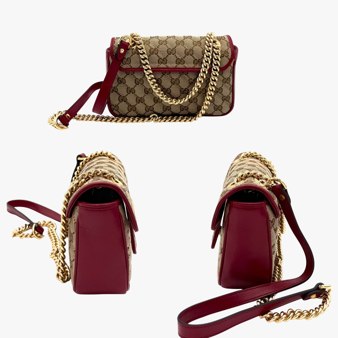 Gucci Marmont Mini Tasche GG Monogram Canvas mit dunkelroten Lederdetails
